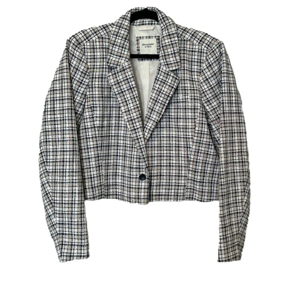 Abercrombie & Fitch White, Tan & Blue Plaid Textured Cropped Blazer - Size L - Picture 2 of 6